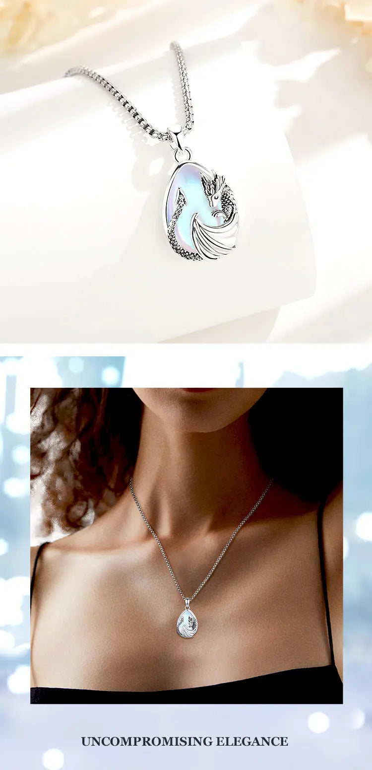 Moonstone Dragon Crescent Pendant Necklace, Celestial Guardian Amulet