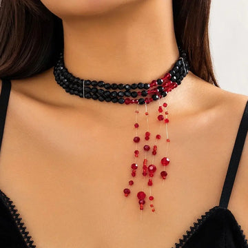 Salircon Gothic Multi layered Black Crystal Bead Choker Fashion Red Bead Tassel Pendant Necklace Women Halloween Cosplay Jewelry - Charlie Dolly