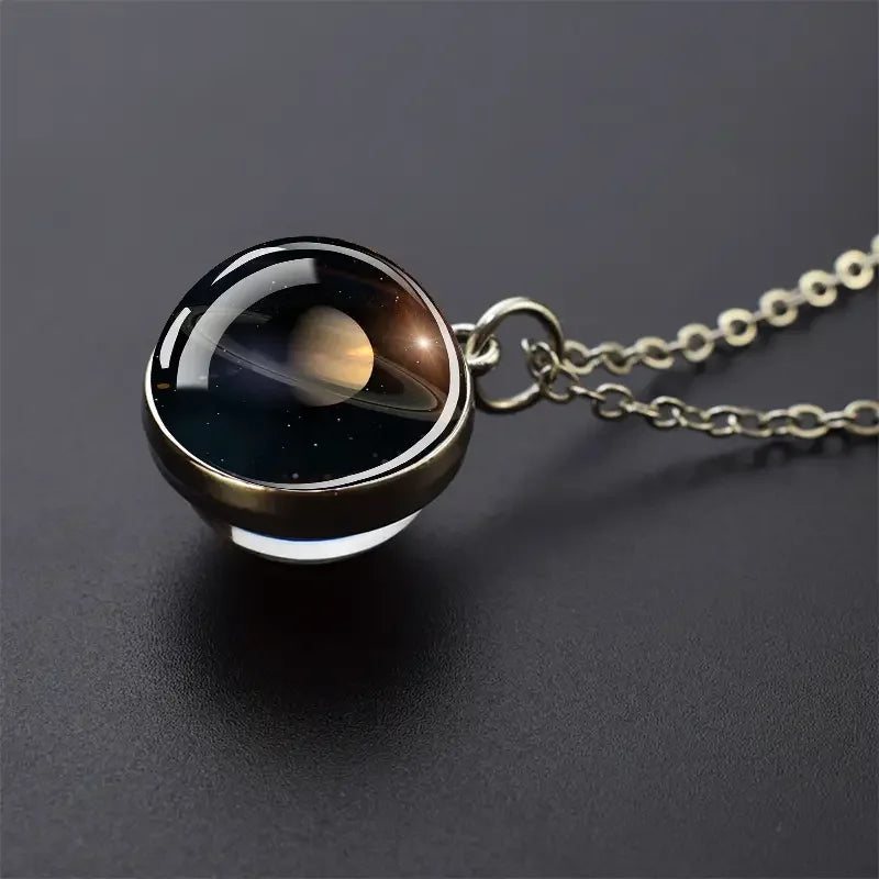 Double-Sided Galaxy Planet Glass Ball Pendant Necklace, Sun Moon Mars Cosmic Talisman