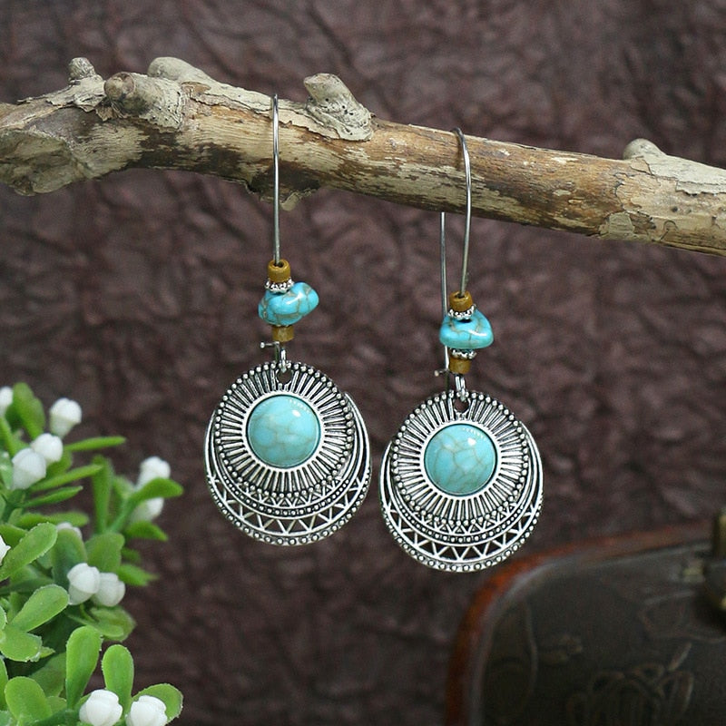 53 Styles Bohemian Vintage Tibetan Silver Geometric Drop Earrings For Women Ethnic Blue Stone Tassel Dangle Earrings Jewelry