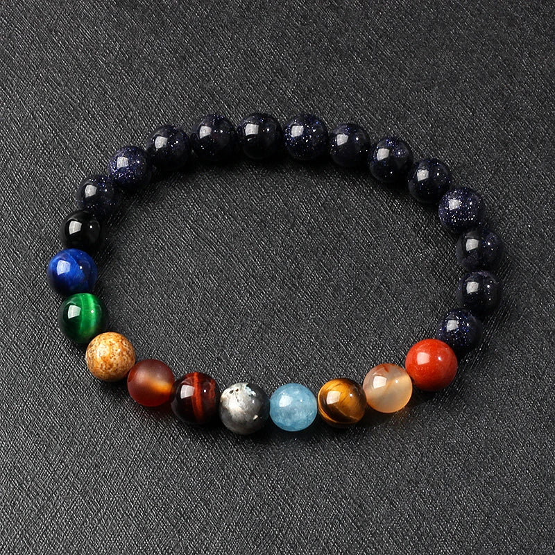 Nine Planets Solar System Beaded Bracelet, Natural Stone Galaxy Cosmic Talisman