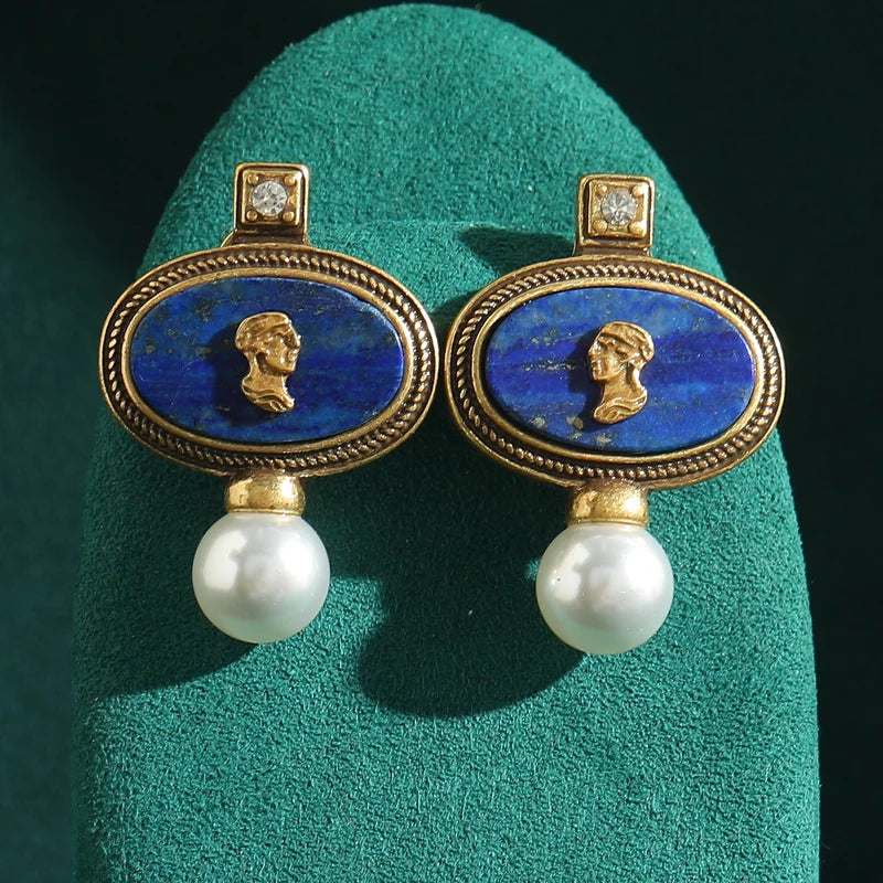 Vintage Cameo Jewelry Set Woman Avatar Pendent Pearl Necklace Lapis Lazuli Stud Earrings Blue Natural Stone Wedding Party 2026 - Charlie Dolly