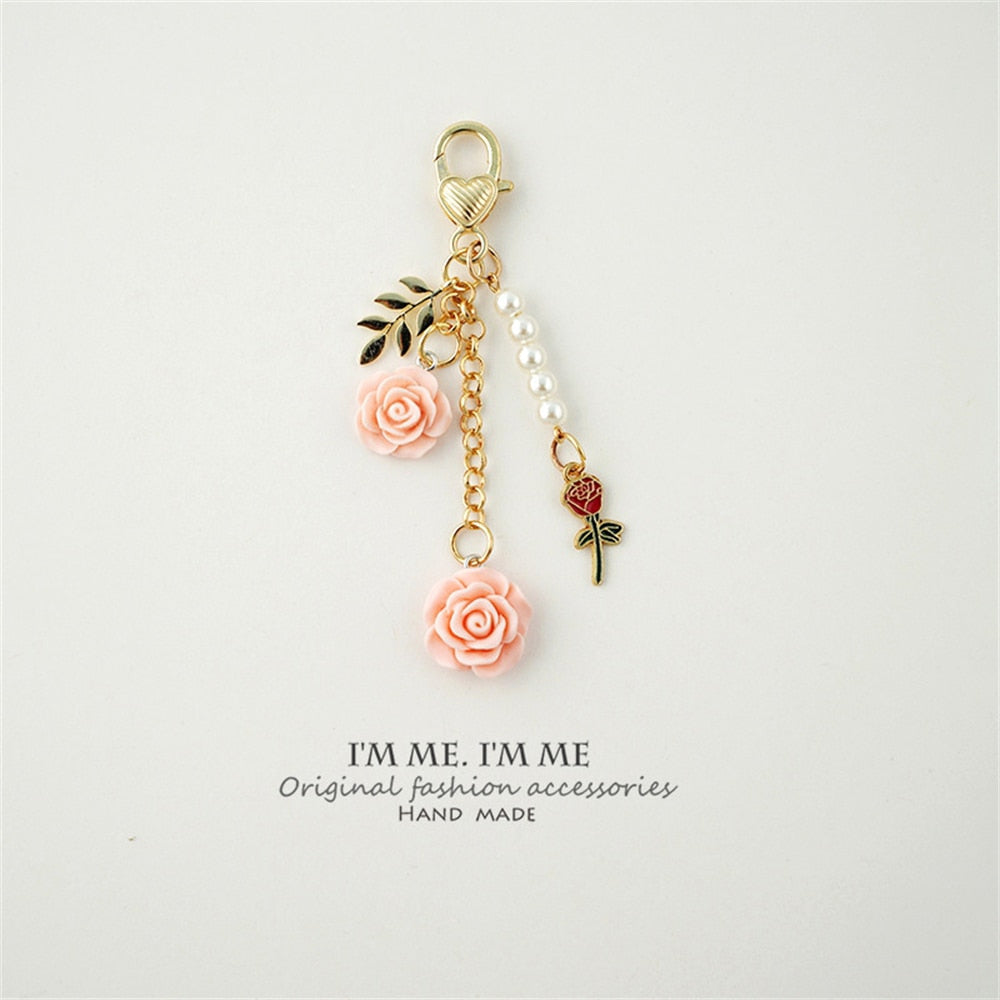 8colors 3D Rose Camellia Keychain Women Girls Sweet Pearl Tassel Flower Keyring With Metal Leaf For Earphone Case Bag Decoration
