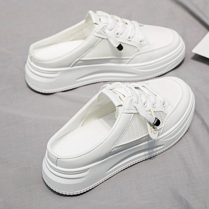 Women Shoes Canvas Tennis Casual Half Slippers Flats Female White Mules Low Top Sneakers Mesh Breathable Lazy Loafers