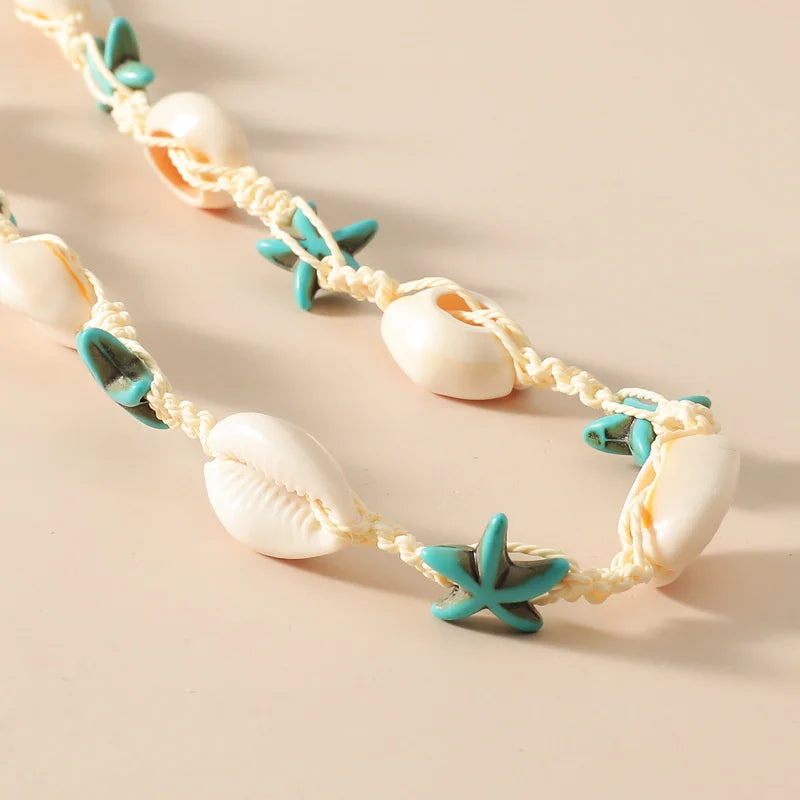 Cowrie Shell Boho Choker with Blue Starfish Beads