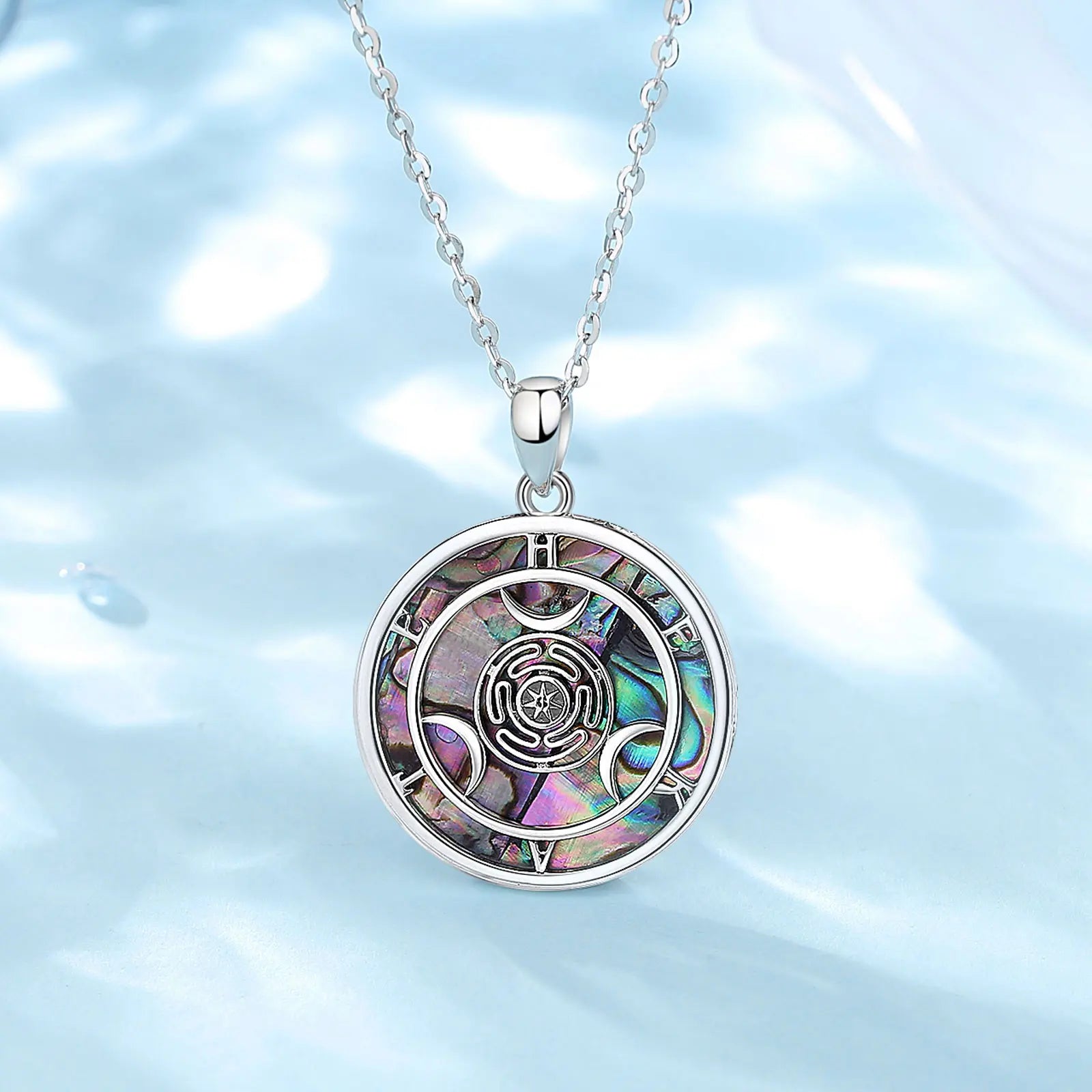 S925 Sterling Silver Hecate Wheel Pendant Necklace, Abalone Triple Moon Goddess Wiccan Amulet