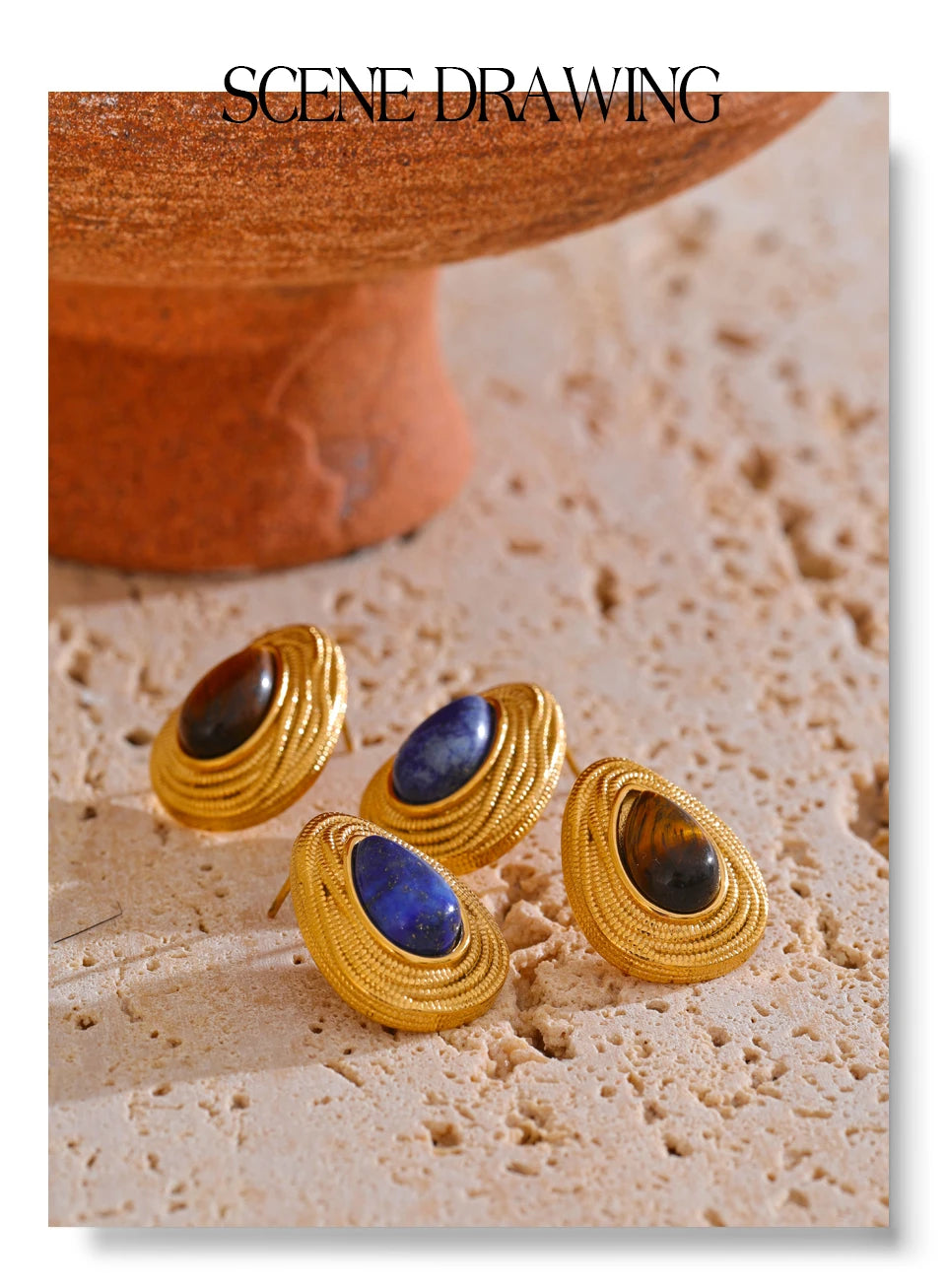 Yhpup قطرة الماء الحجر الطبيعي موضة هندسية اليومية وأقراط خمر النمر اللازورد حلية مجوهرات الذهب اللون PVD