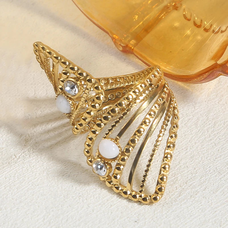 Boho Zircon Twisted Hollow Engagement Rings For Women Baroque Natural Stone Stainless Steel Bling Ring Wedding Fashion Jewelry - Charlie Dolly