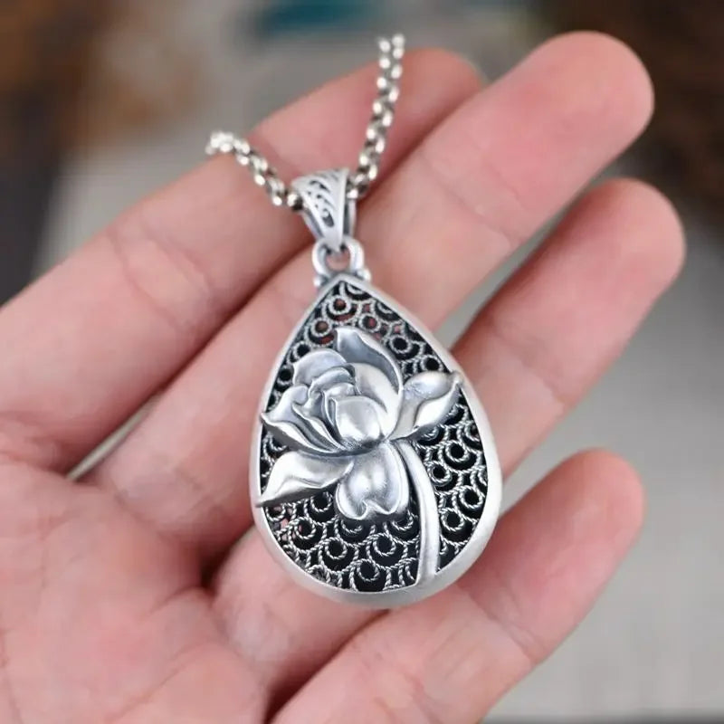 925 Sterling Silver Engraved Lotus Droplet Pendant Necklace, Vintage National Style Talisman