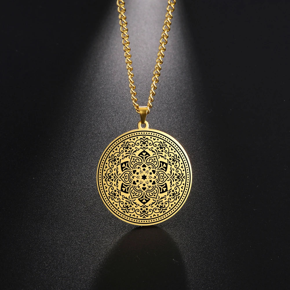 Lotus Chakra Mandala Pendant Necklace, Stainless Steel Buddhist Hindu Meditation Amulet
