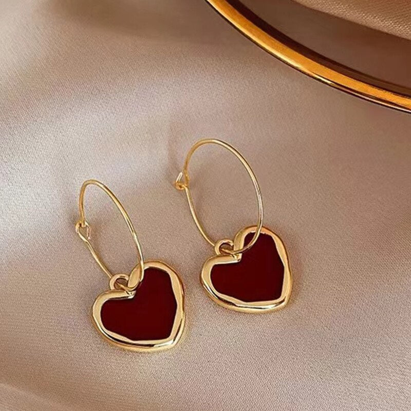Burgundy Heart Pendant Cute Sweet Earrings For Women Simple Style Wholesale