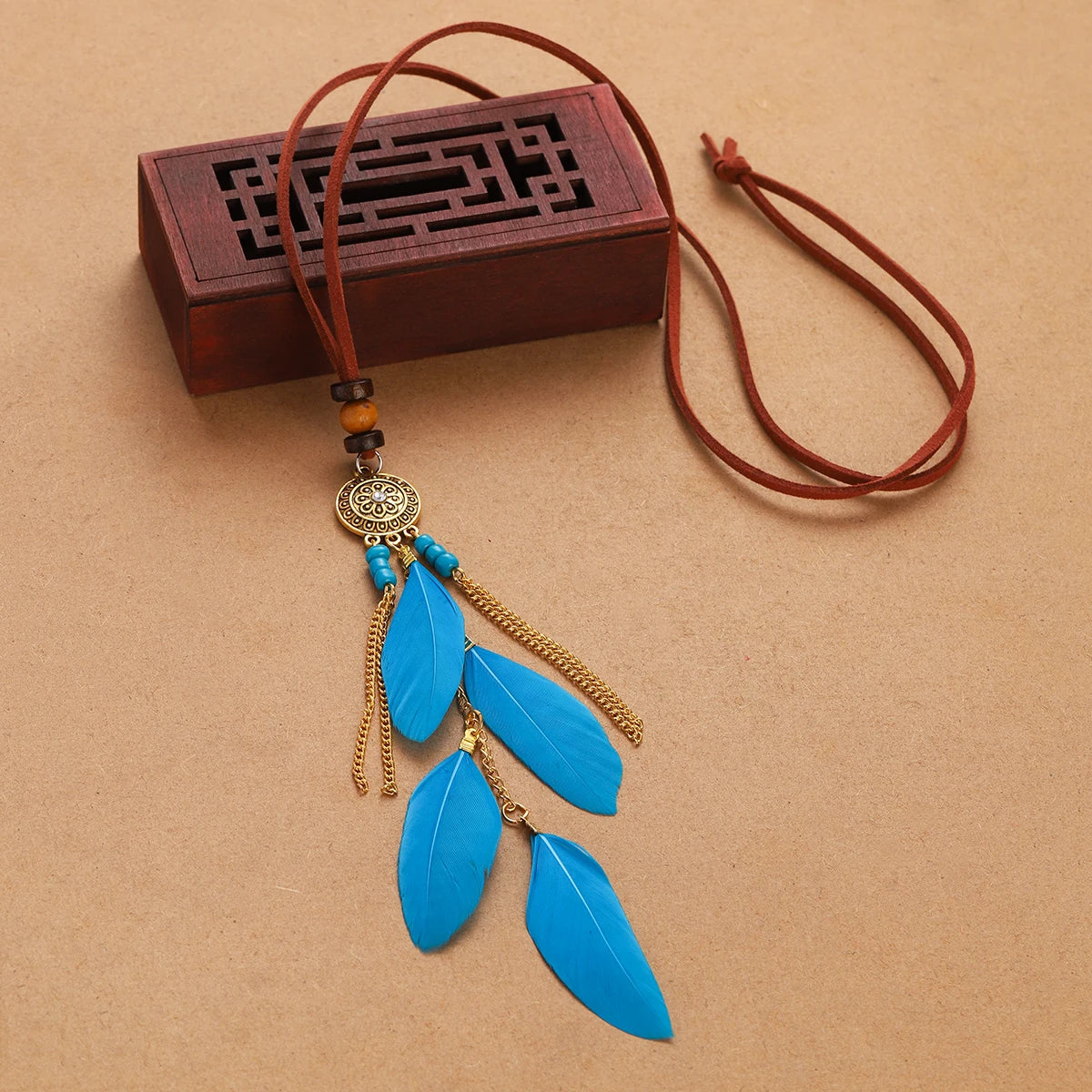 Rope Bead Feather Pendant Long Necklace Jewelry