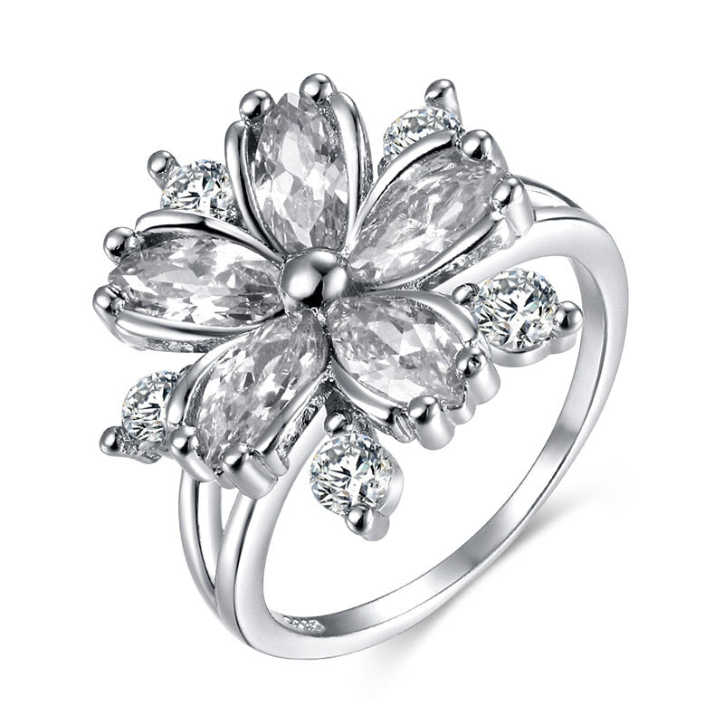 Luxury Flower Shape Zircon Engagement Ring for Women Silver Color Pink Wedding Rings Girl Party Jewelry Gift Anillos