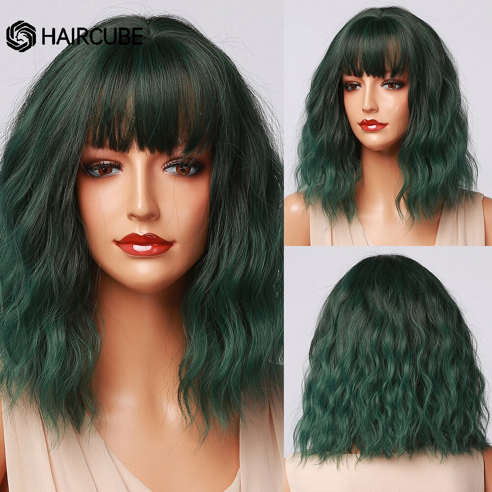 Medium Length Water Wave Synthetic Wigs Cute Pink Wigs With Bangs for Women Cosplay Natural Heat Resistant Bob Lolita Hair