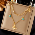 DIEYURO 316L Stainless Steel Butterfly Moon Lock Blue Eyes Pendant Necklace For Women Multilayer Choker Chain Jewelry Gifts - Charlie Dolly
