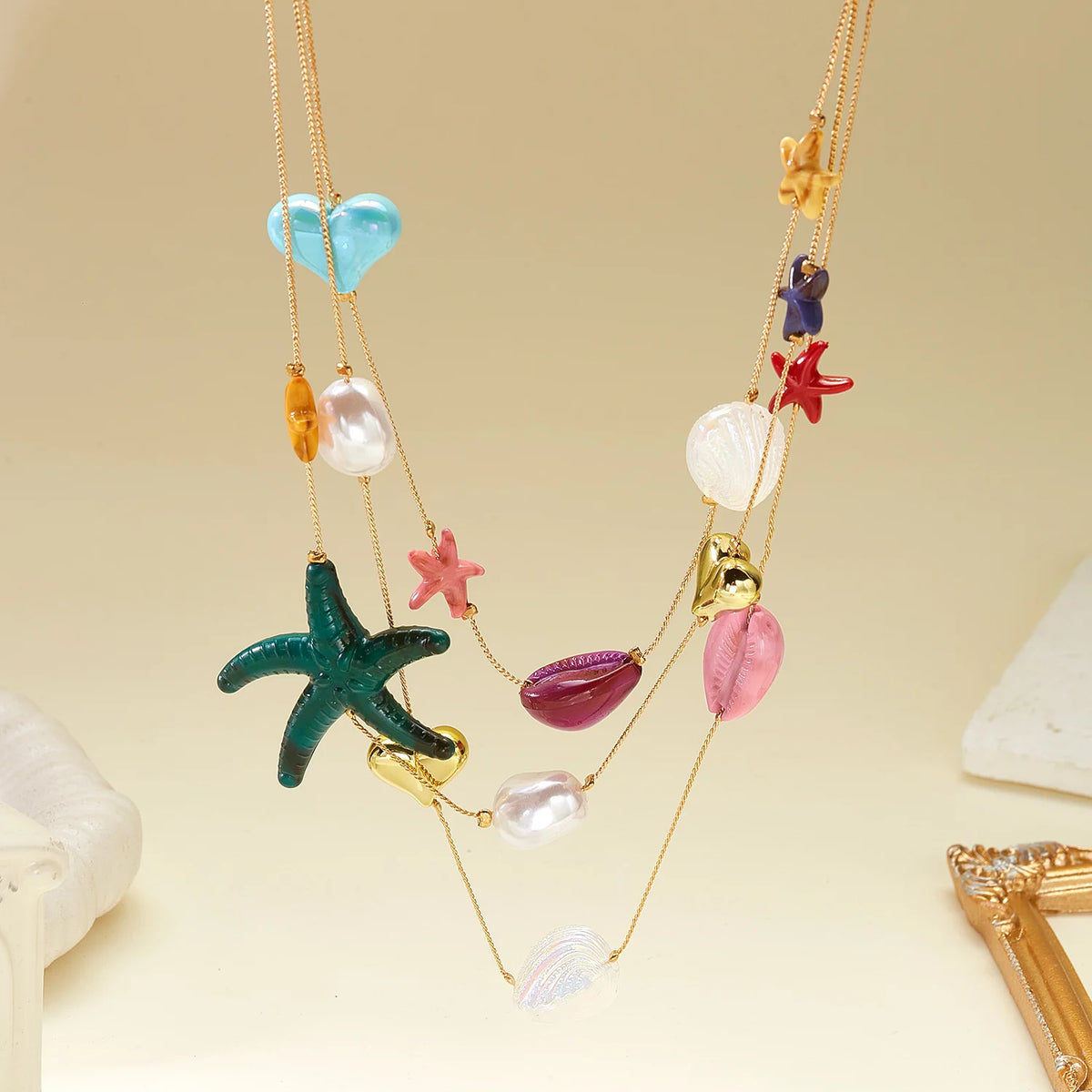 Tropical Starfish Heart and Shell Triple Layer Necklace