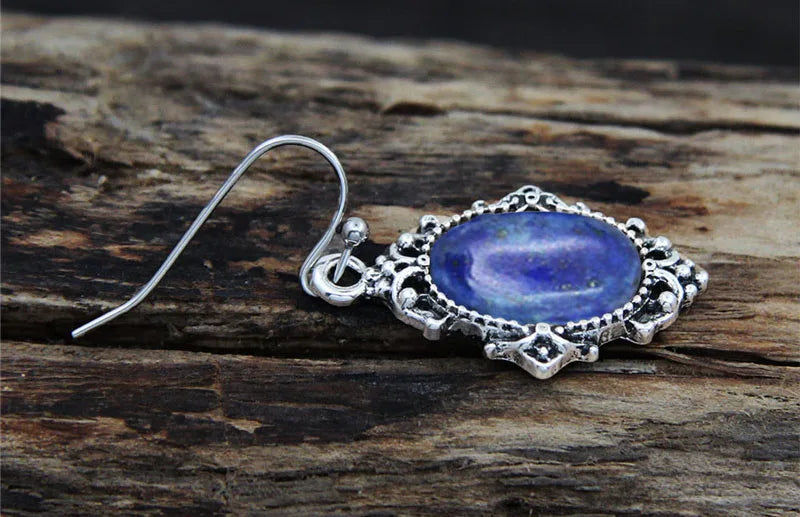 Vintage Look Natural Stone Lapis Lazuli Jewelry Sets Solid Silver Plated Necklace Earrings Flower Fashion Jewelry - Charlie Dolly