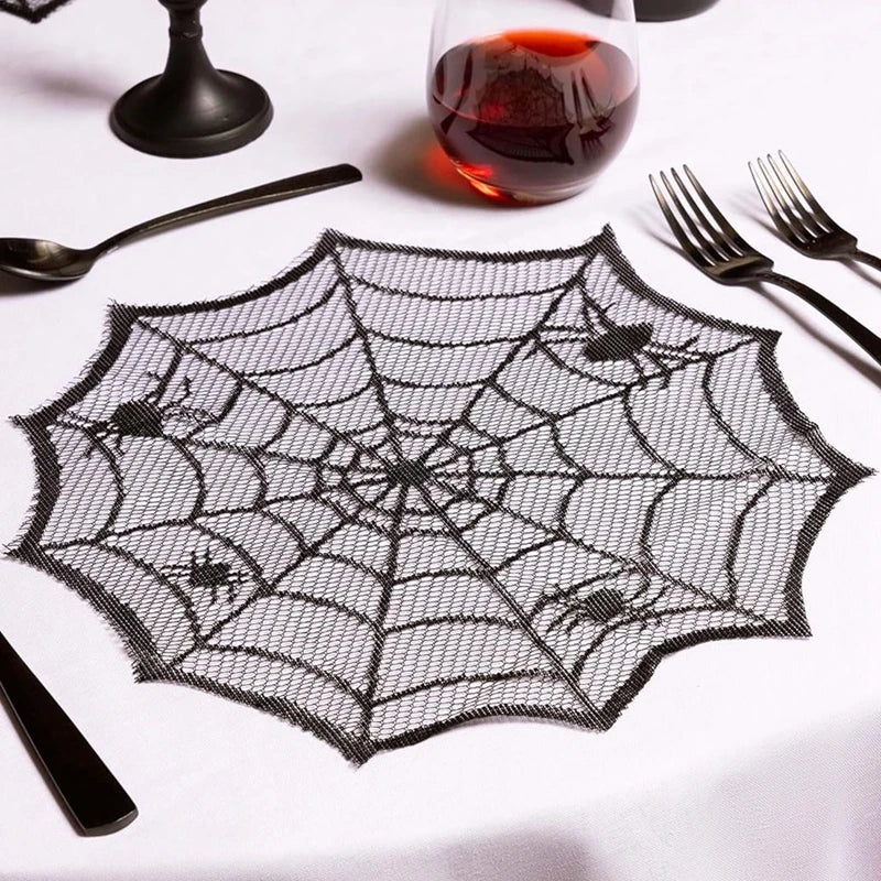 Halloween Black Lace Placemat Happy Halloween Party Decorations 2024 For Home Spider Web Tablecloth Kitchen Dining Table Covers - Charlie Dolly