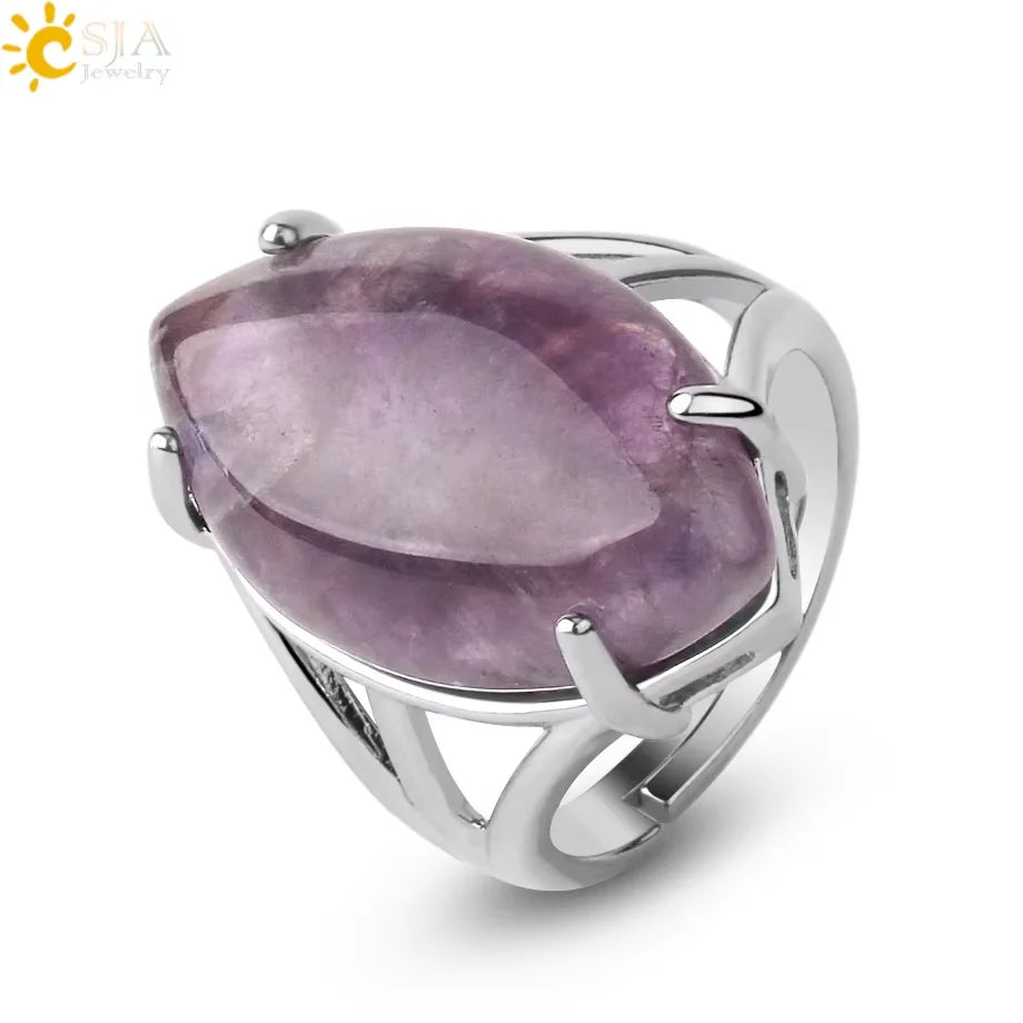 CSJA Vintage Silver Rings Natural Stone Amethyst Ring for Women Adjustable Design Handmade Fashion Jewelry Boho Accessories H765 - Charlie Dolly