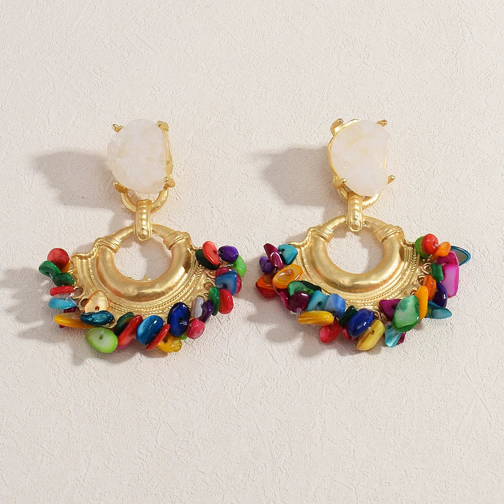 Resin Stone Beaded Drop Earrings, Vintage Statement Boho Jewelry