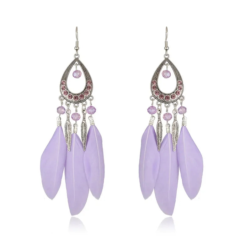 Feather Crystal Tassel Boho Dangle Earrings Jewelry