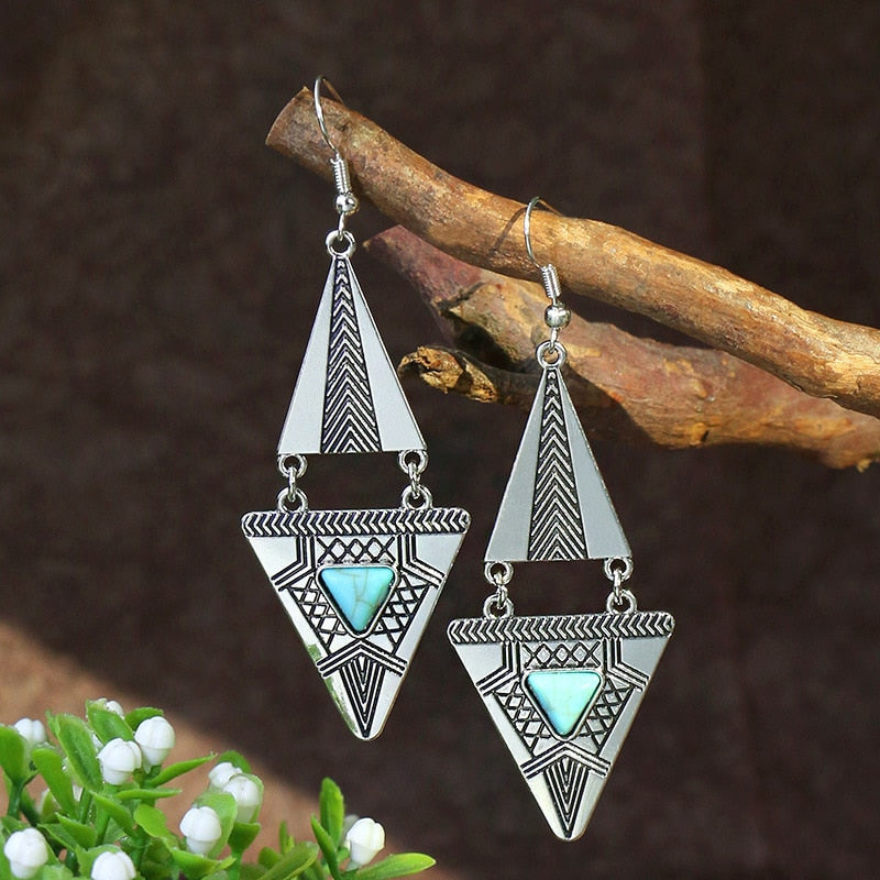 53 Styles Bohemian Vintage Tibetan Silver Geometric Drop Earrings For Women Ethnic Blue Stone Tassel Dangle Earrings Jewelry