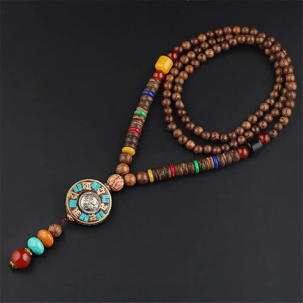 Nepal Wood Bead Mala Pendant Necklace Jewelry