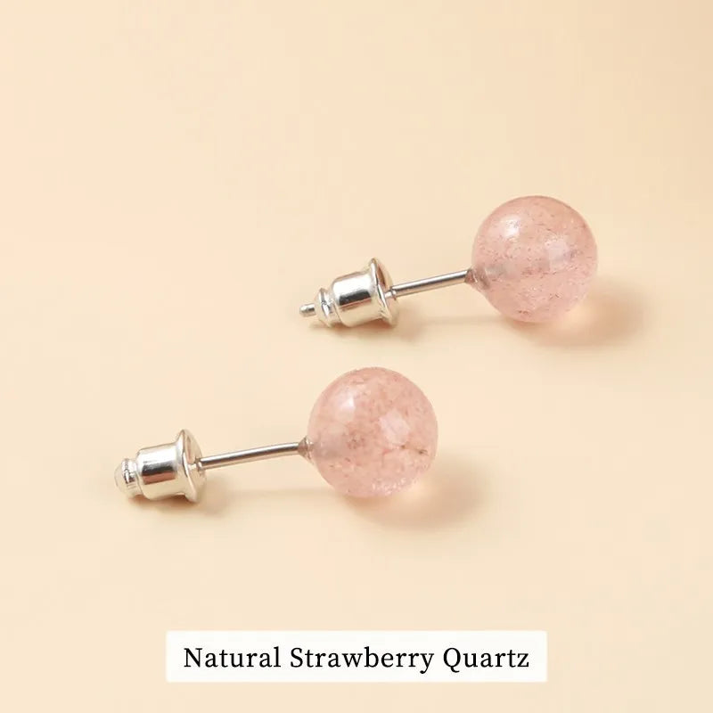 Natural Stone Agate Quartz Lapis Lazuli Tiger Eye Round Bead Stud Earrings Women Fashion Simple Stainless Steel Crystal Ear Stud - Charlie Dolly
