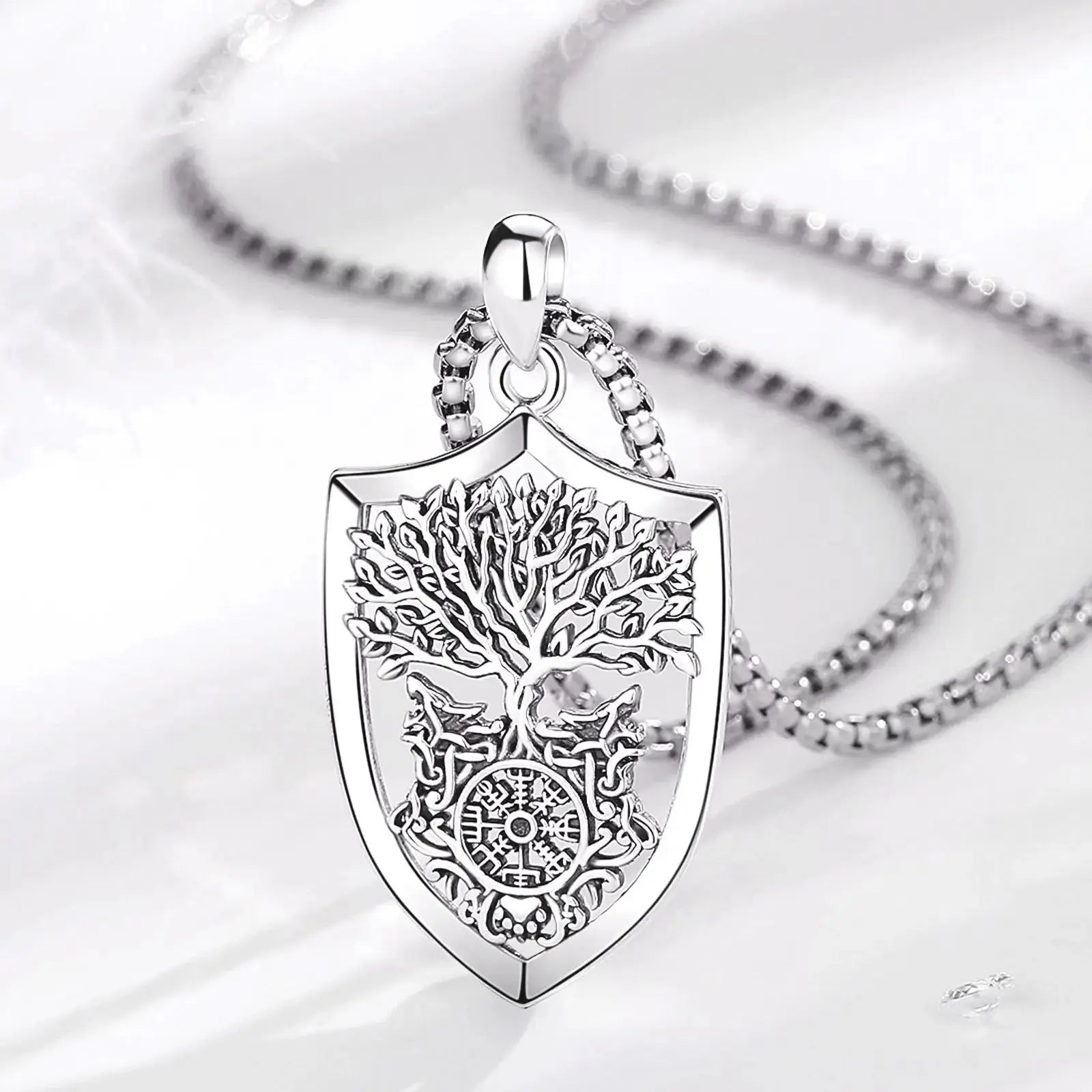 S925 Sterling Silver Viking Yggdrasil Compass Pendant Necklace, Tree of Life Wolf Norse Amulet