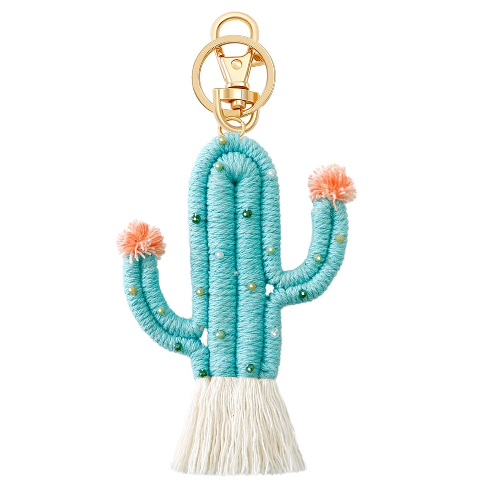 Handmade Weaving Green Plant Cactus Keychain Bohemia Backpack Pendant Key Ring Tassel Cotton Rope Car Hanging Key Holder Jewelry