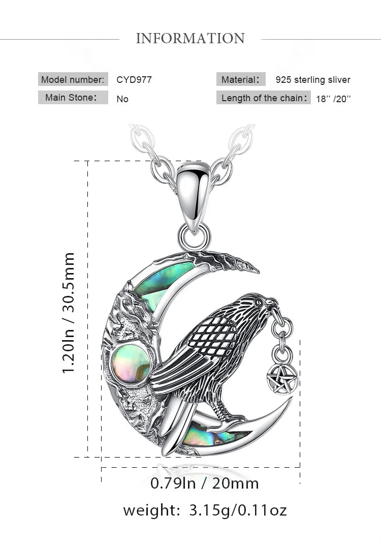 Sterling Silver 925 Viking Raven & Pentagram Moon Necklace, Abalone Shell Amulet