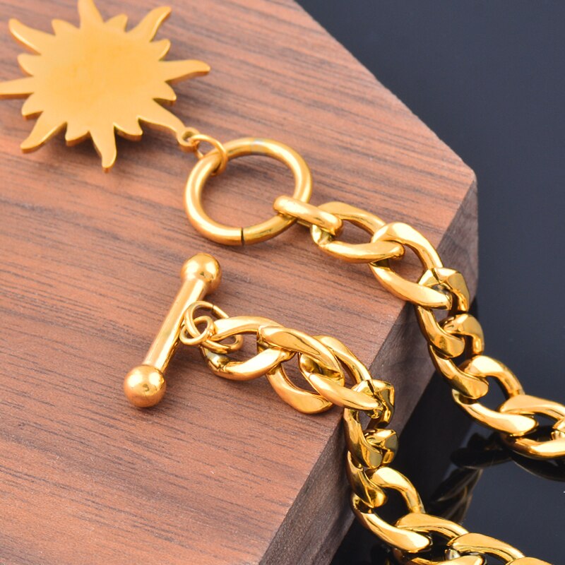 SINLEERY Stainless Steel Blue Stone Sunflower Pendant Necklace For Women Gold Color Chain Fashion Jewelry DL087 SSB