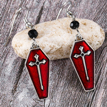 New Red Coffin Vampire Cross Earrings Punk Goth Style Long Dangle Earring for Women Girls Personality Halloween Jewelry Gifts - Charlie Dolly