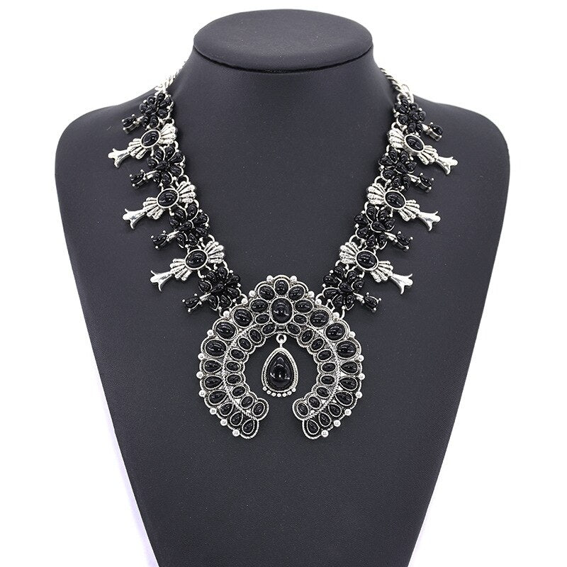 Western Jewelry American Tribal Big Chunky Bold Statement Accessories Femme Squash Blossom Turquoise Necklace for Women