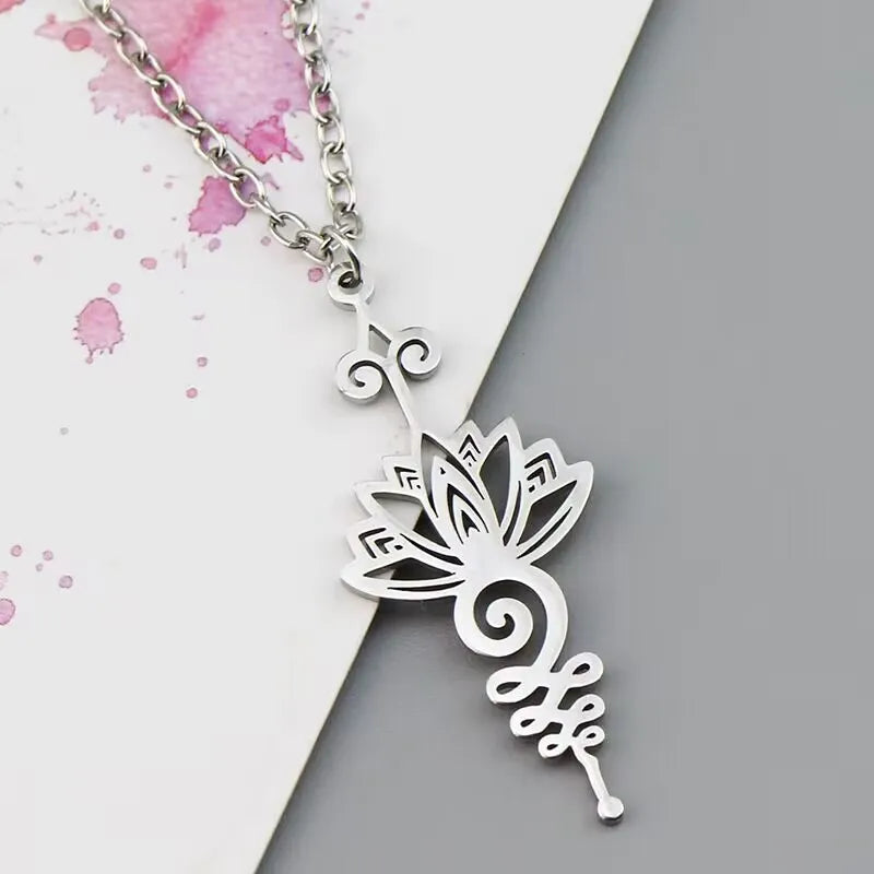 Unalome Lotus Pendant, Stainless Steel Yoga Sacred Path Necklace
