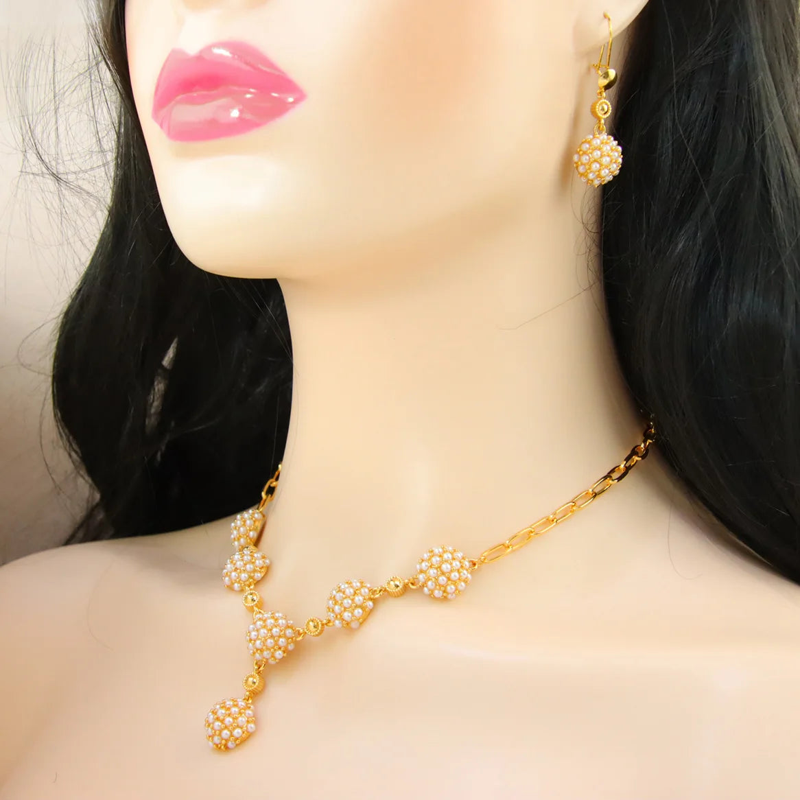 Gold Plated Pearl Statement Necklace Set Jewelry