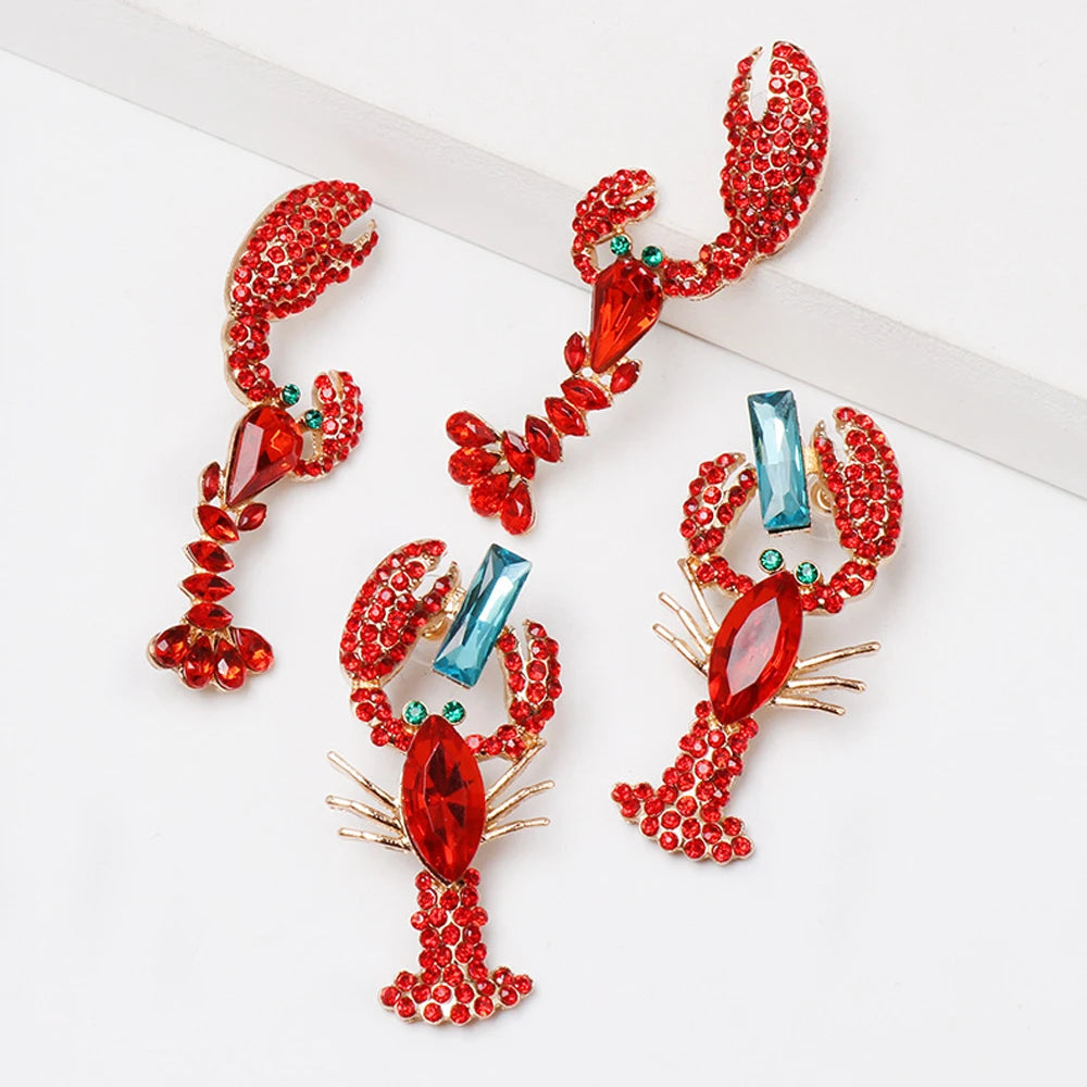 Red Rhinestone Lobster Beach Dangle Earrings Jewelry