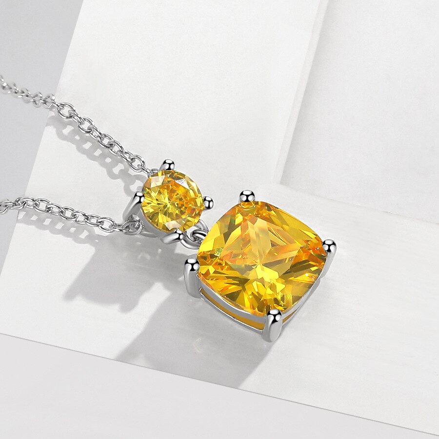 925 Sterling Silver Colored Crystal Necklace Light 9MM Cushion Crystal Pendants Necklace for Women Girl Elegant Classic Jewelry