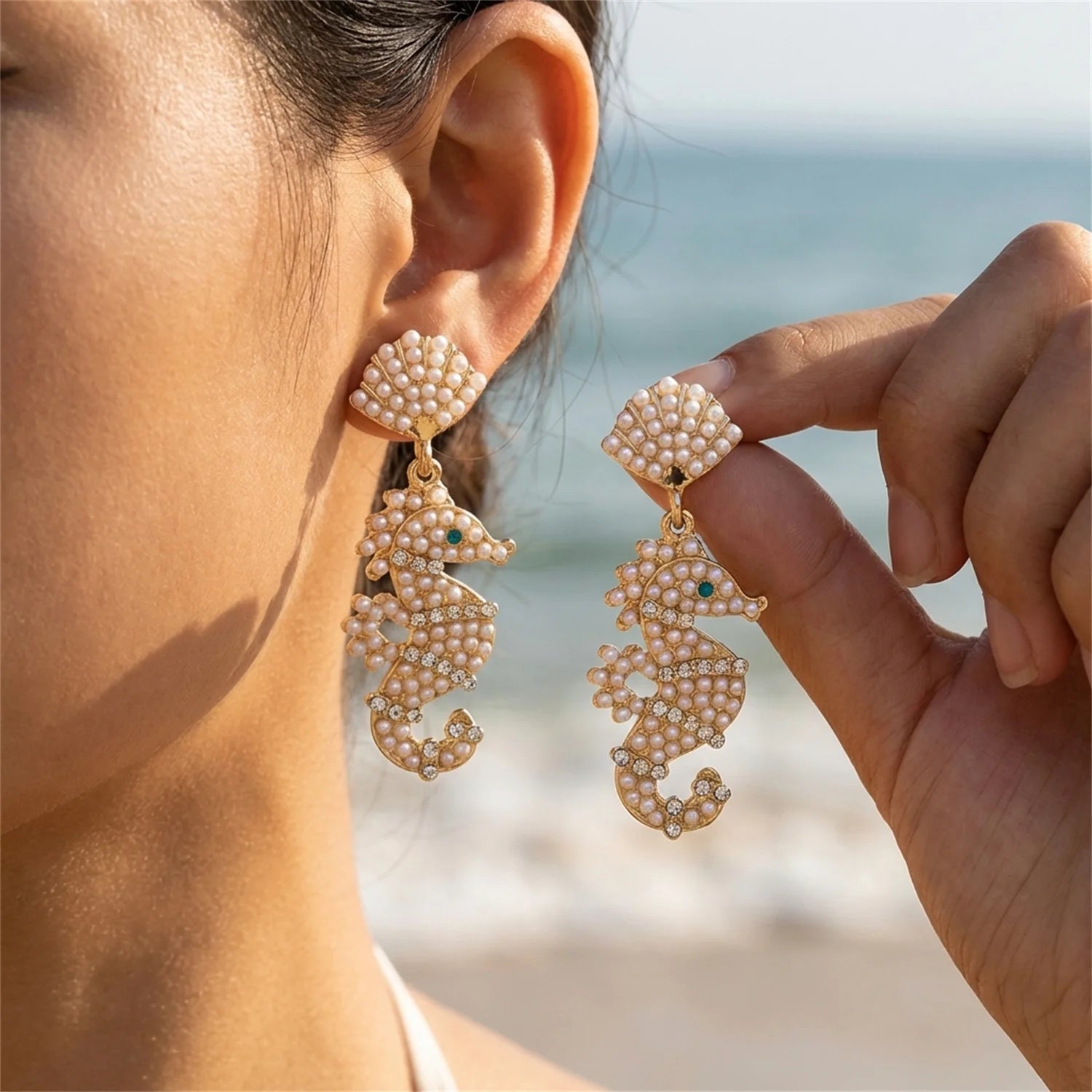 Pearl and Seashell Clustered Tassel Dangle Earrings