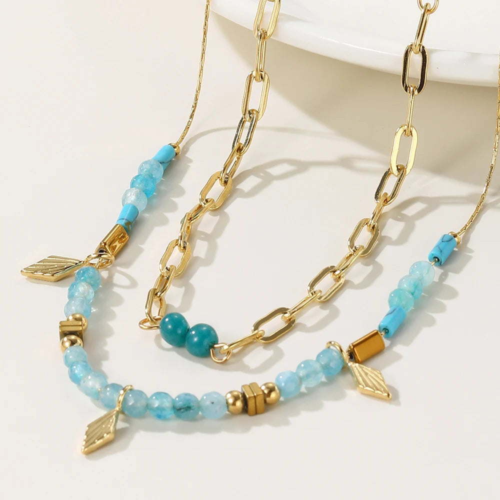 Blue Acrylic Bead Layered Charm Necklace Jewelry