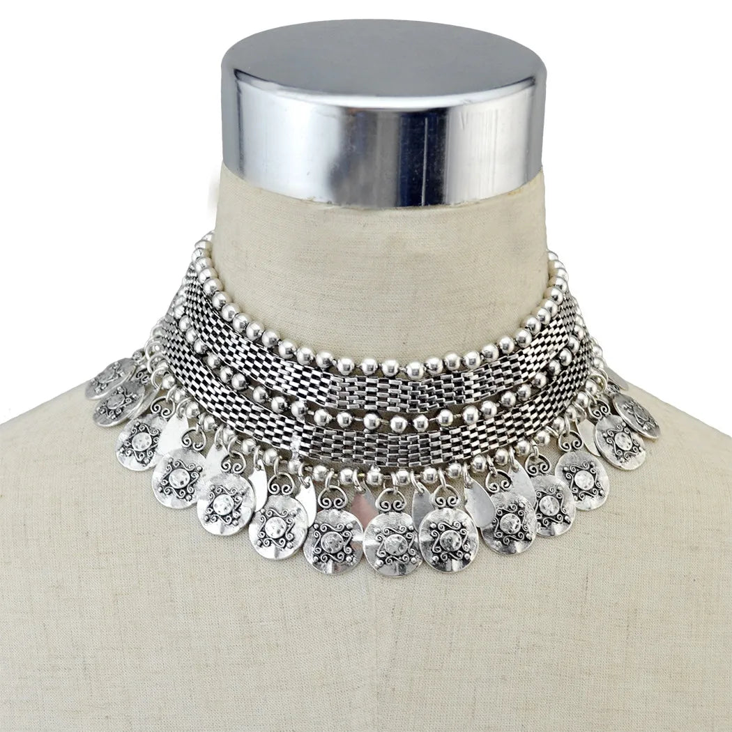 Afghan Coin Bead Chunky Tassel Necklace Jewelry