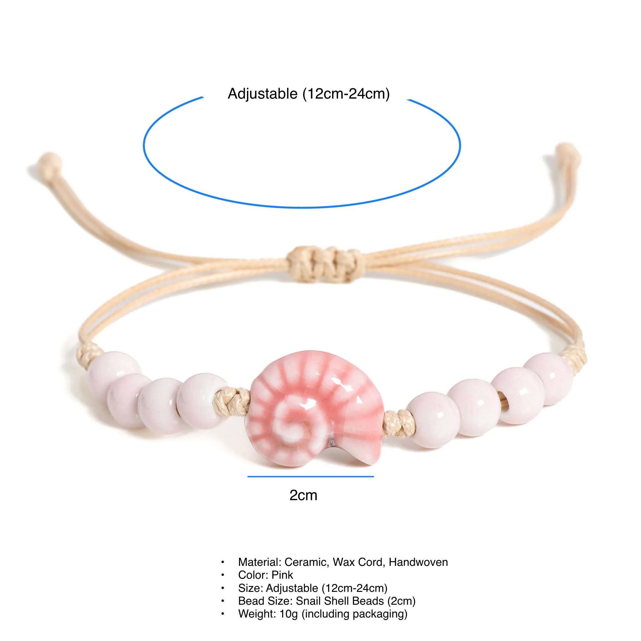 Handmade Pink Snail Shell Ceramic Boho Bracelet