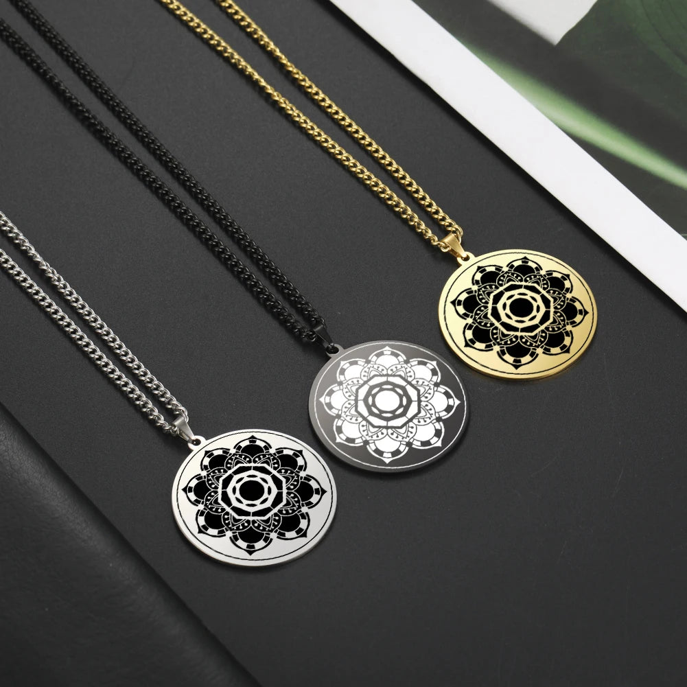 Lotus Chakra Mandala Pendant Necklace, Stainless Steel Buddhist Hindu Meditation Amulet