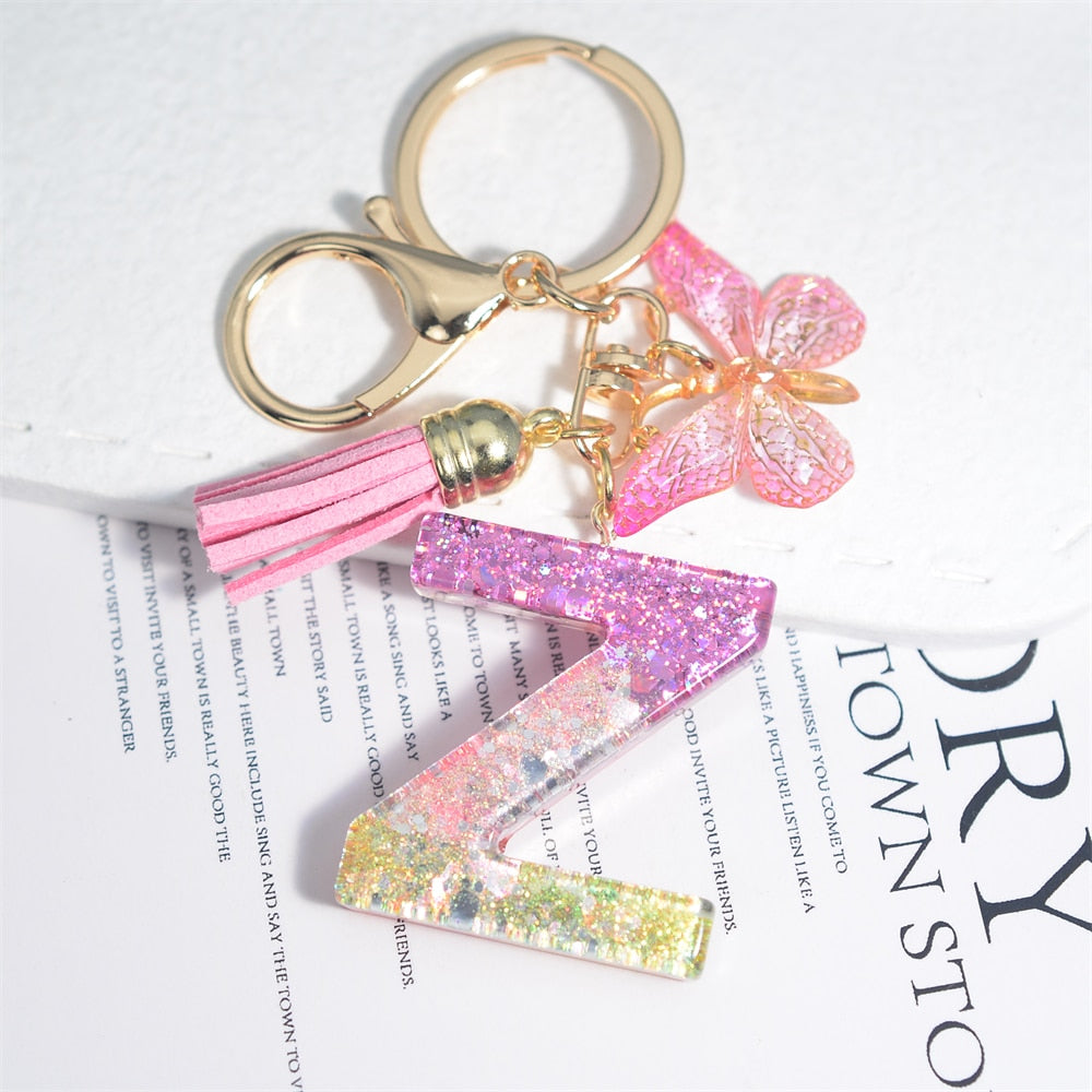 Cute Resin A-Z Initials Letter Keychain Pink Sparkle Butterfly Tassel Pendant Keyring for Women Girl Purse Handbags Jewelry Gift - Charlie Dolly
