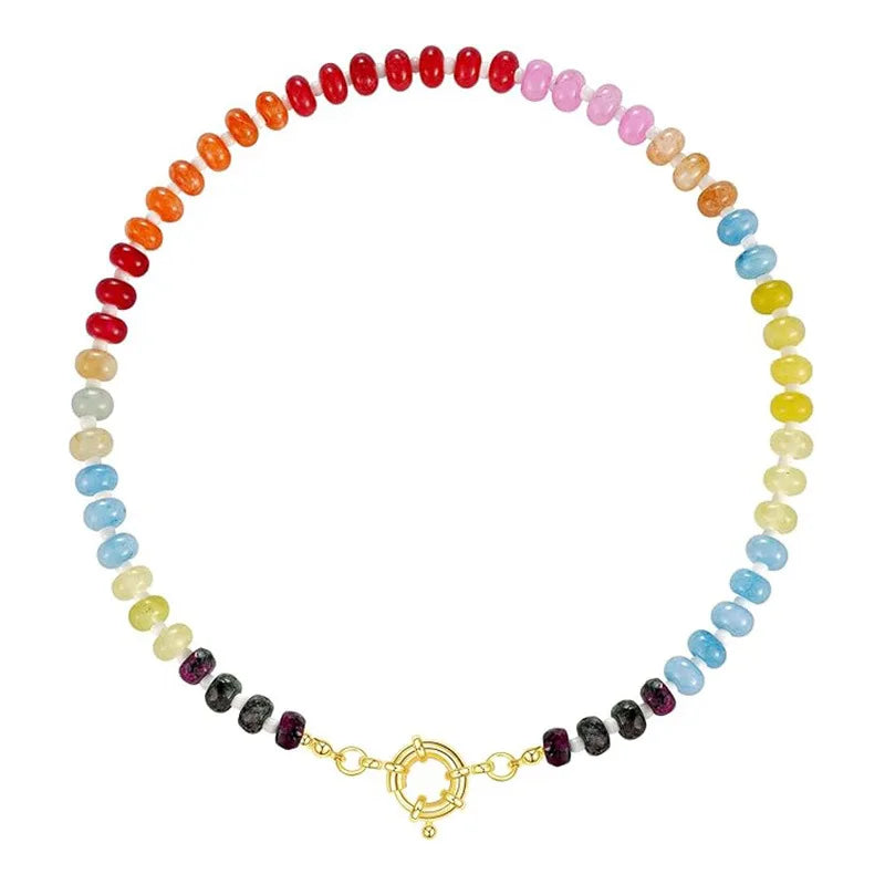 Colorful Boho Natural Stone Surfer Beach Choker 6mm Beaded Gemstone Necklace for Women 14K Gold Plated Handmade Jewelry - Charlie Dolly