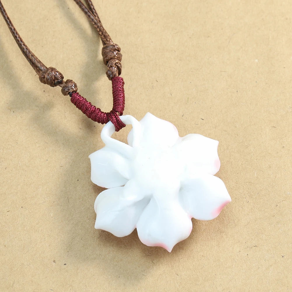 3D Ceramic Lotus Flower Pendant Boho Necklace, Handcrafted Sacred Bloom