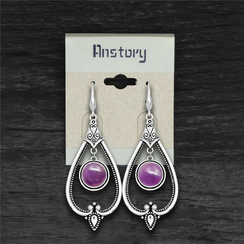 Round Amethysts Drop Earrings For Women Tibetan Silver Natural Stone Rose Quartz Lapis Lazuli Tiger Eye Fashion Dangle Earring - Charlie Dolly