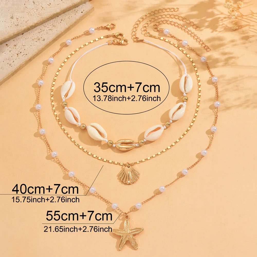 Cowrie Shell and Pearl Layered Boho Necklace Set (3 Pieces)