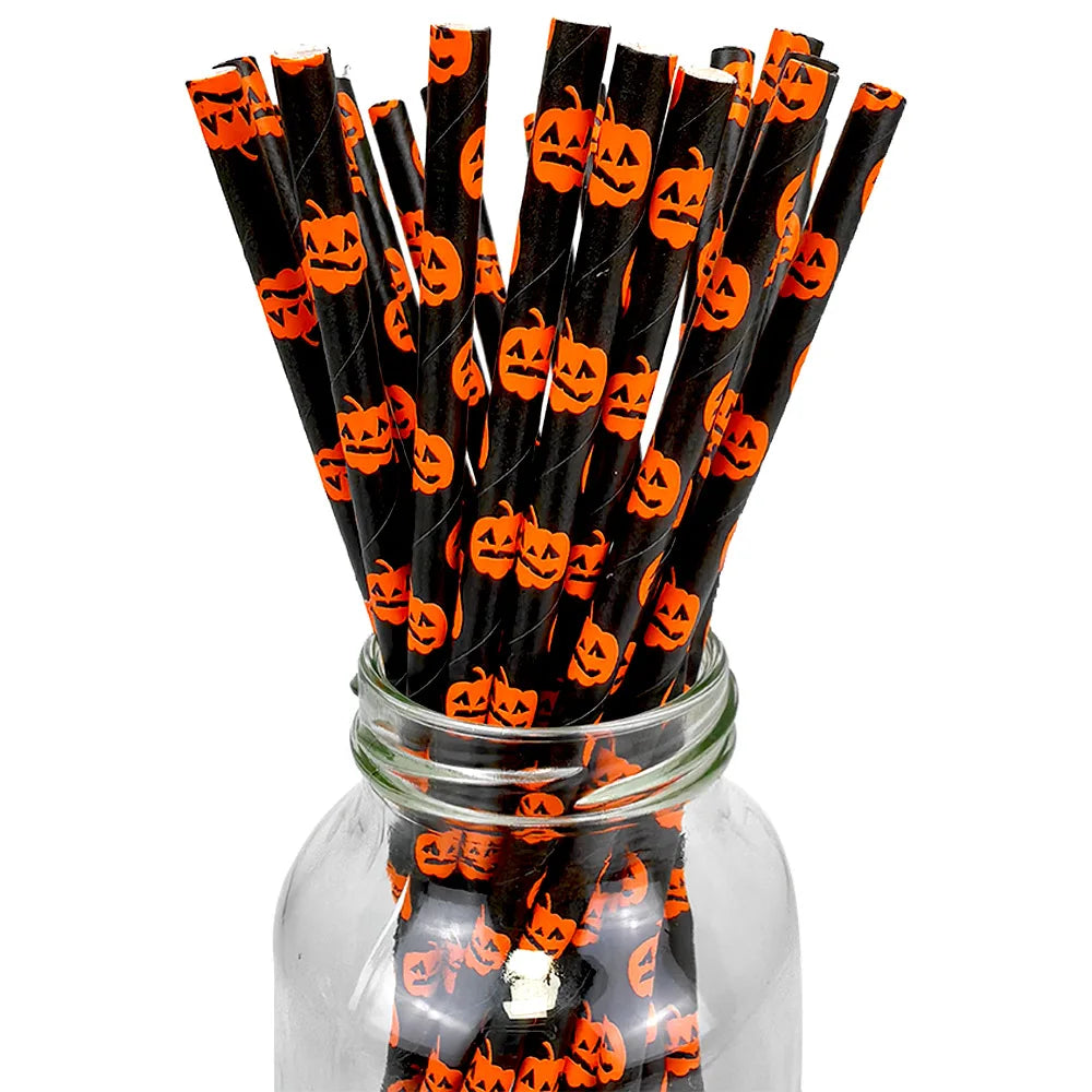 25/50/100pcs Halloween Party Favors Paper Straws Black and Orange Party Biodegradable Drinking Stripe Straws for Halloween - Charlie Dolly