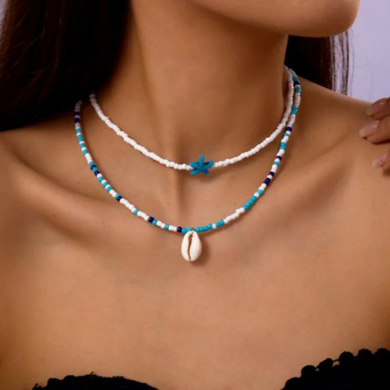 Sea Turtle and Starfish Double Layered Beaded Choker